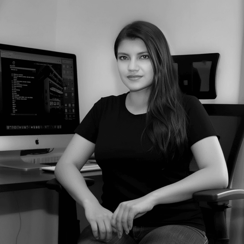 Karen Santamaría at her workstation